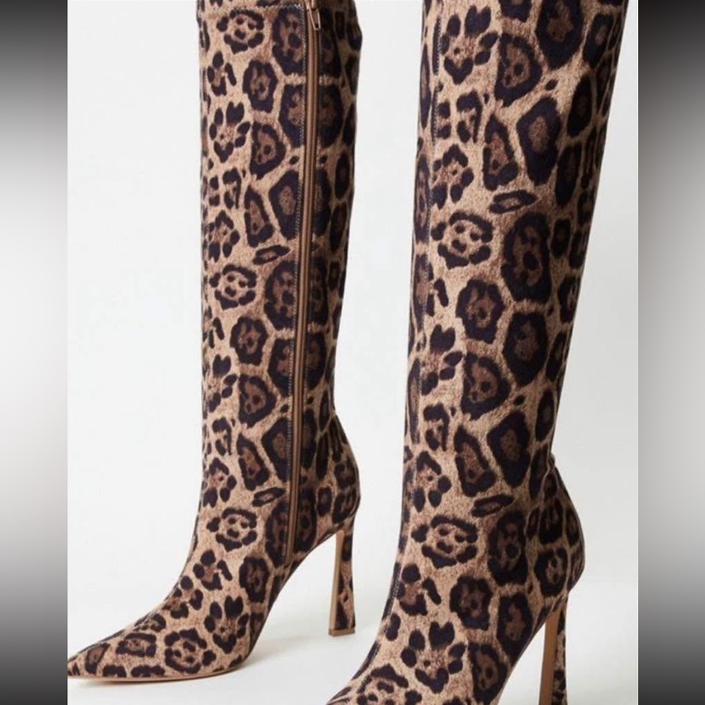 Zara Leopard Print Knee-High Stiletto Boots in Brown and Black